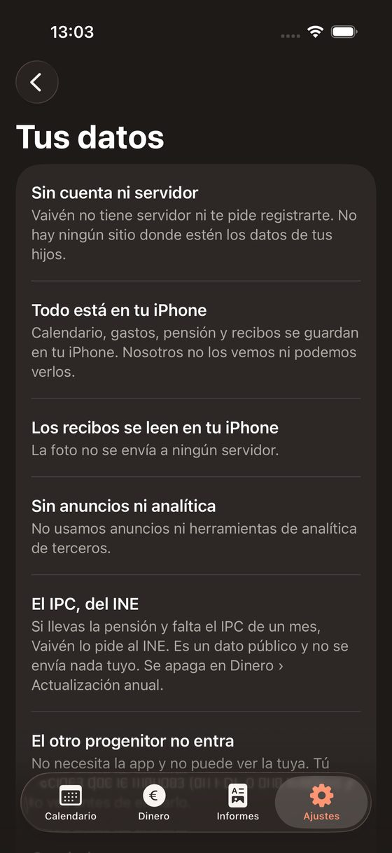 Pantalla Tus datos de Vaivén: sin cuenta ni servidor, todo está en tu iPhone